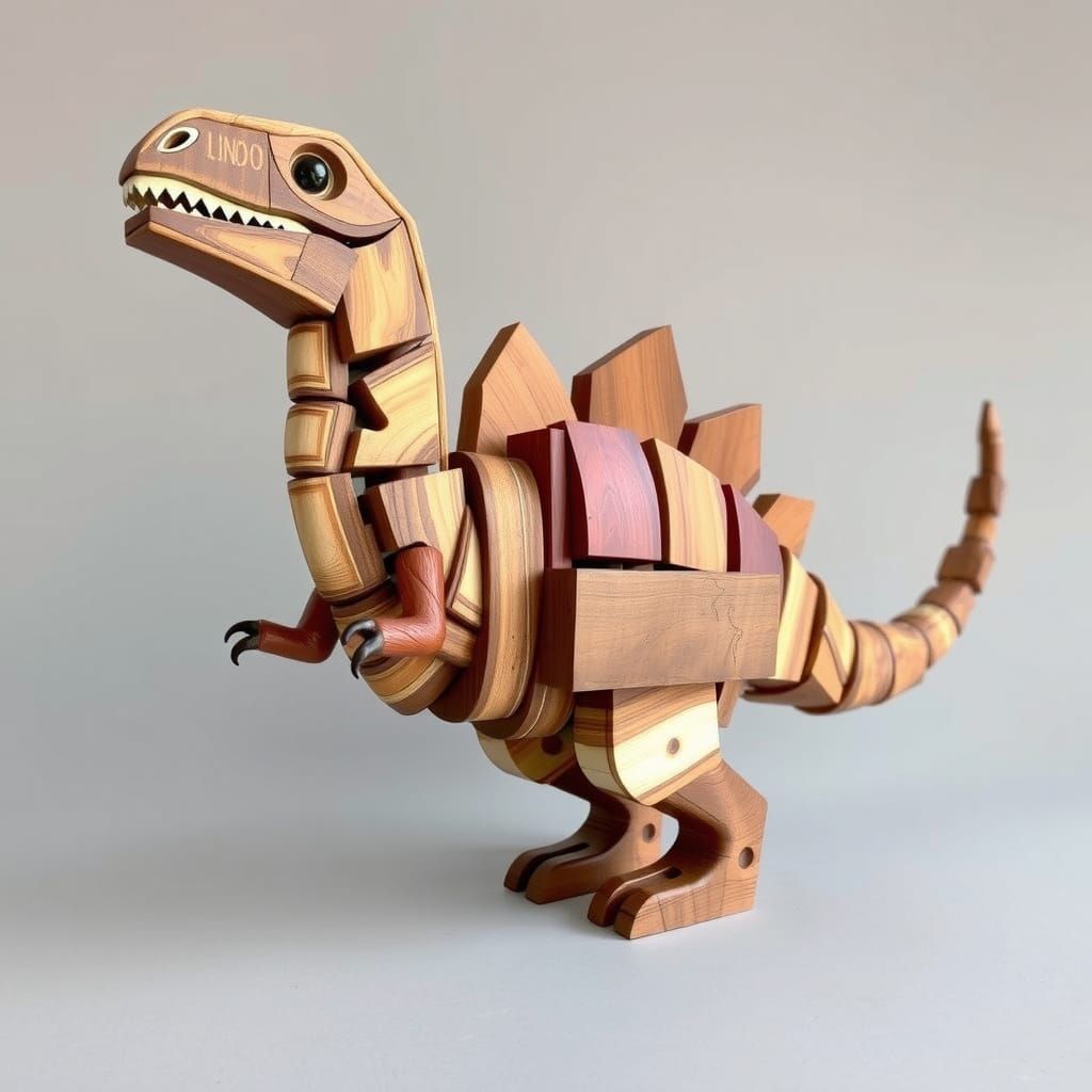 Dinosaur Sculpture from Wooden Blocks in Folk Art Style