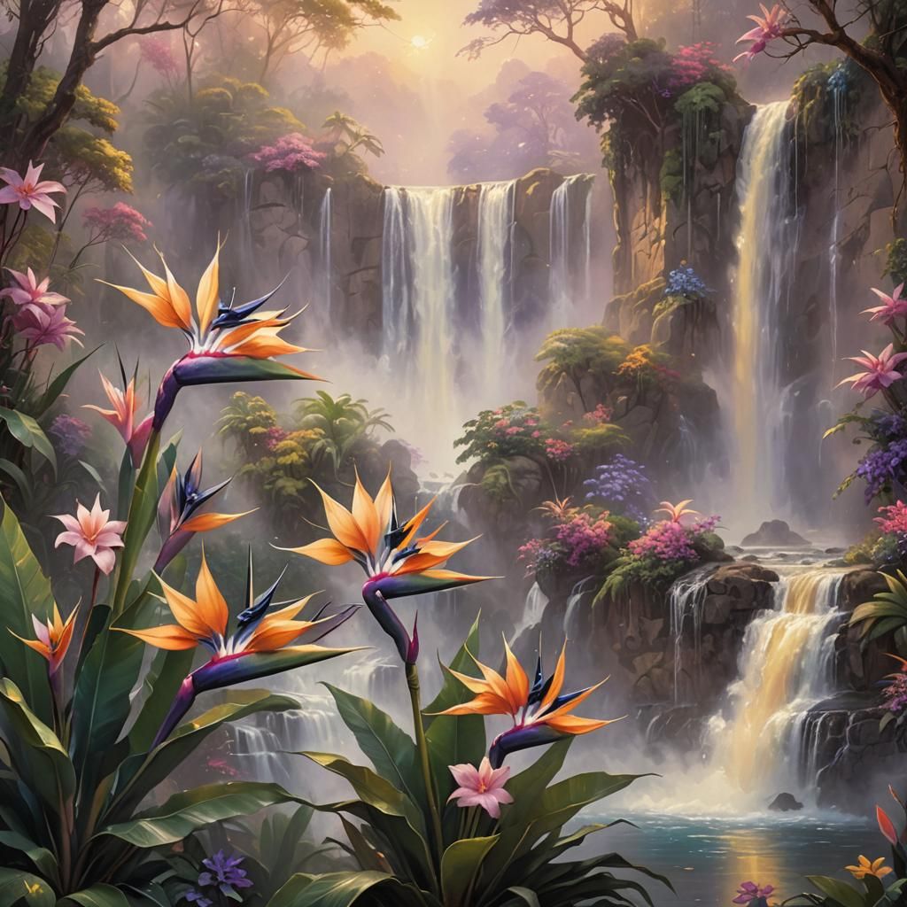 Birds of Paradise in Golden Light, Oil Painting