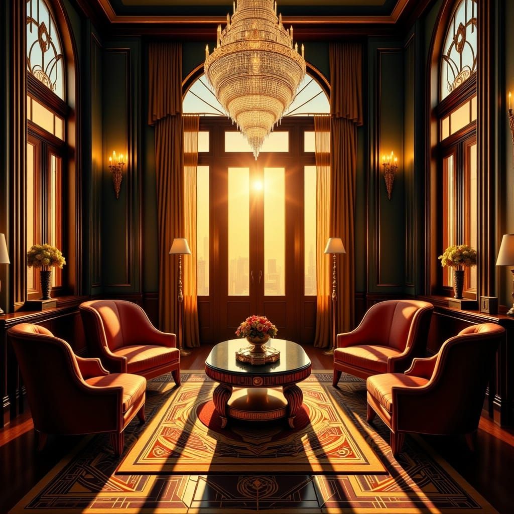 Opulent Art Deco Sitting Room with Golden Hour Light