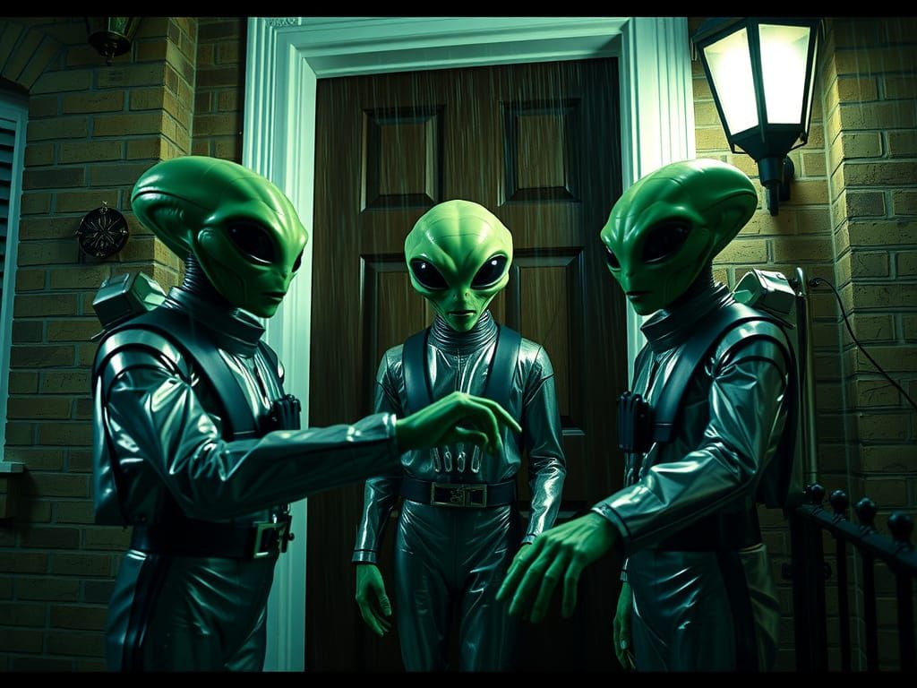 Aliens at Door in Rainy, Cinematic Film Still