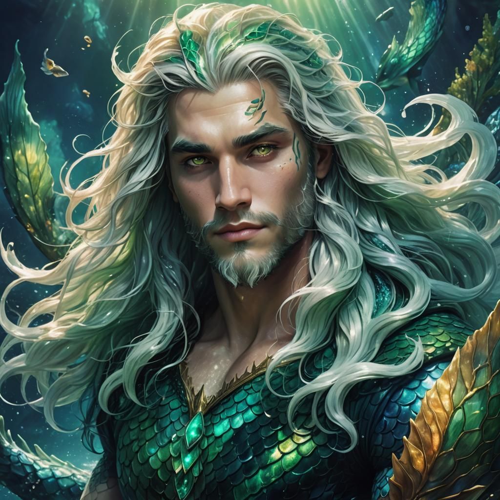 Sculpted Merman with Emerald Tail and Oceanic Aura