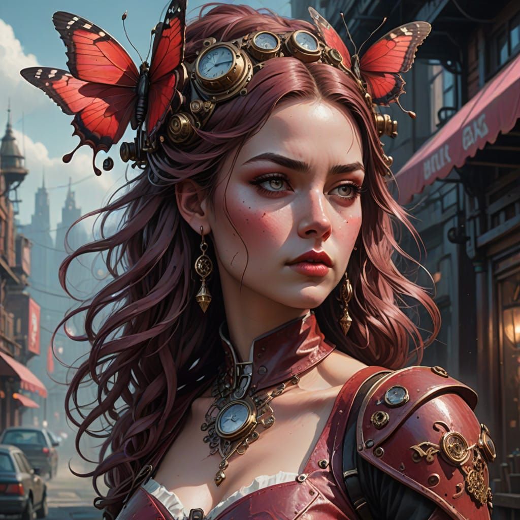 Steampunk Siren in Vibrant Red and Silver