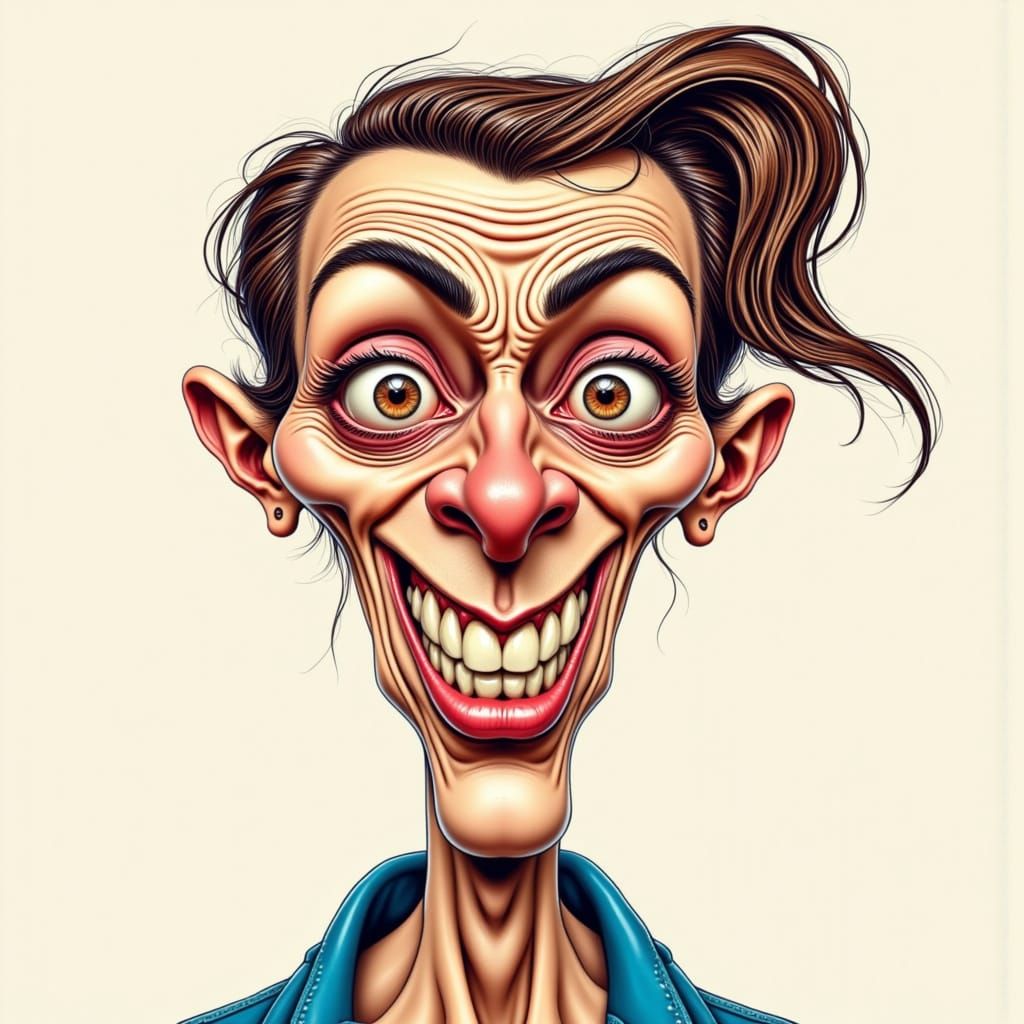 Comical Caricature of Cleaning Woman with Exaggerated Featur...