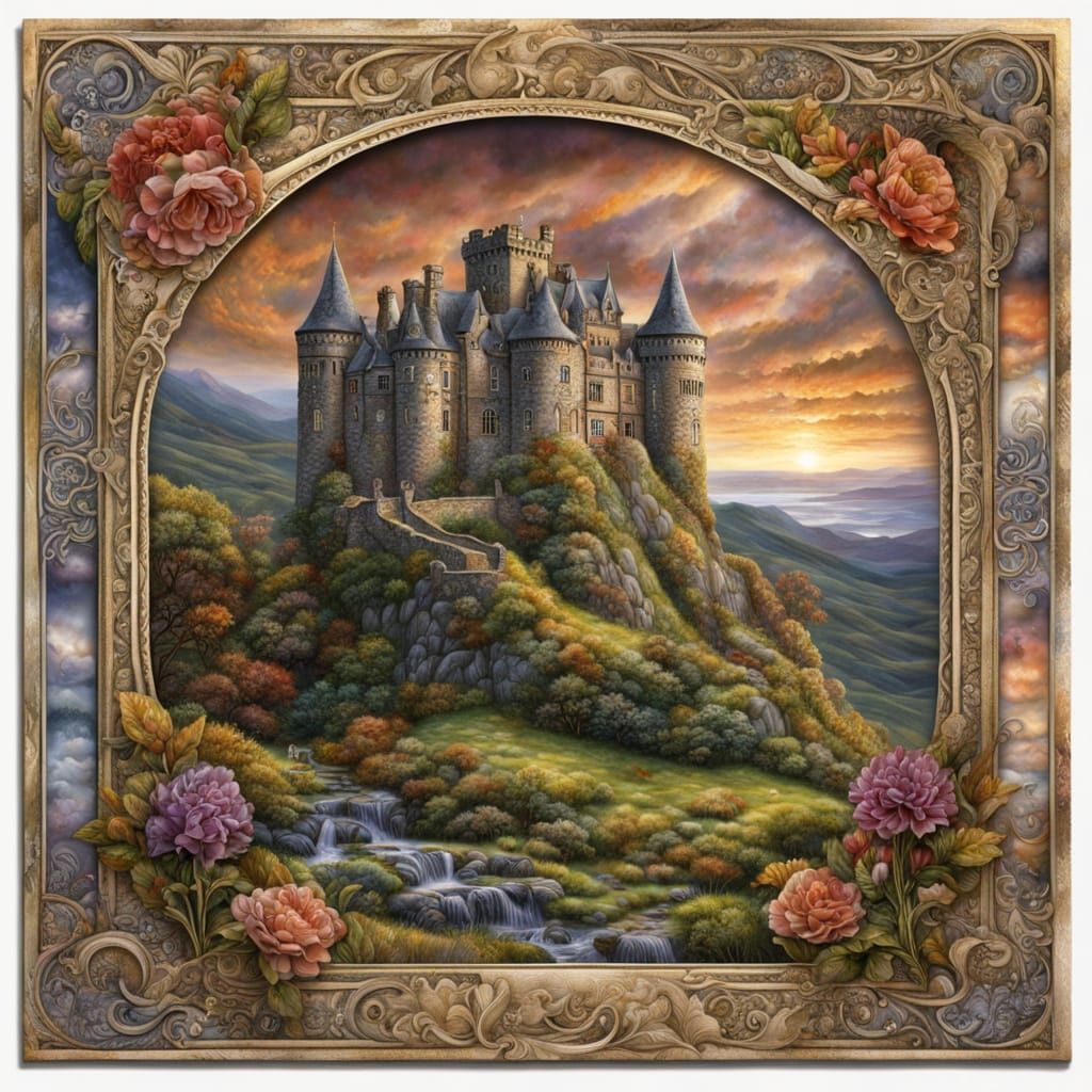 Scottish Castle Stamp in Dark Romantic Style