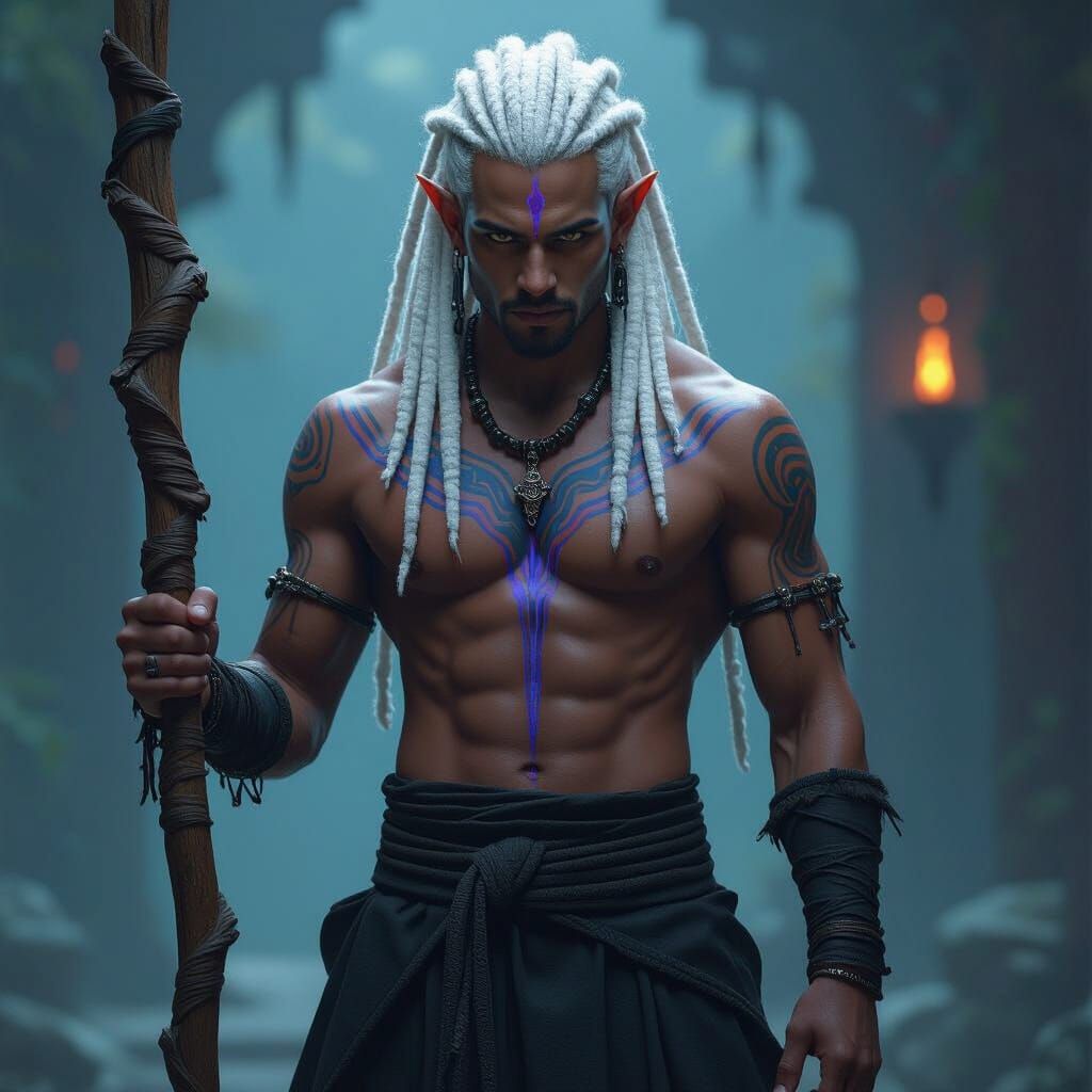 dark skinned, white dreads, male elf monk with blue and purple line tattoos on chest, holding staff. black pants no shir...