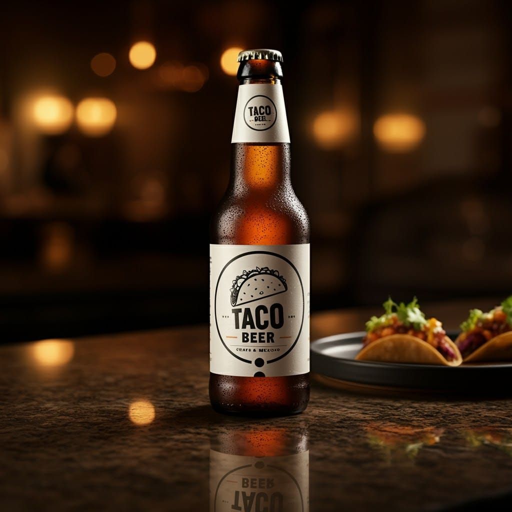 Close-up of 'Taco Beer' Bottle with Gourmet Tacos