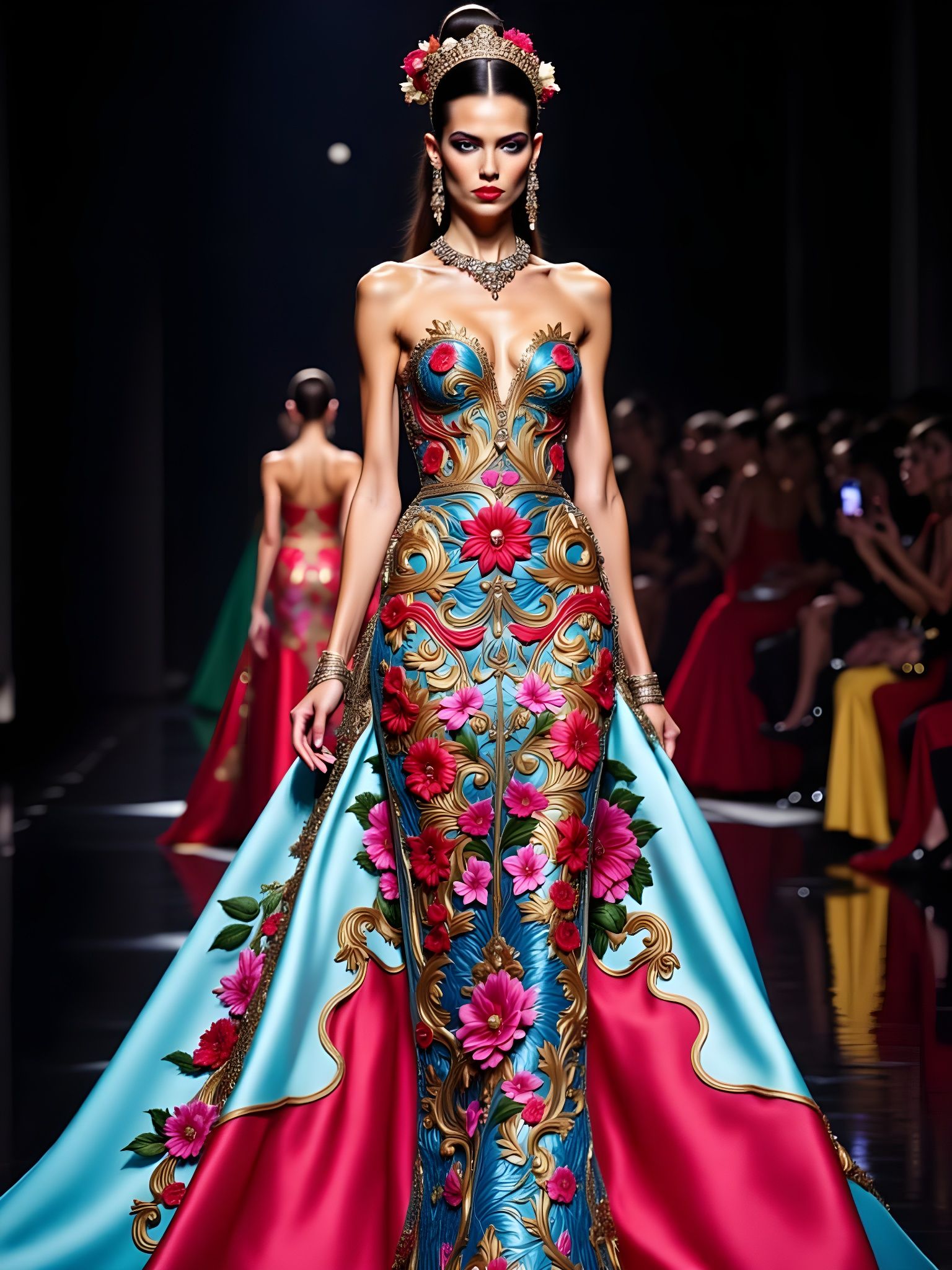 Elegant Spring Fashion Model in Dramatic Evening Gown