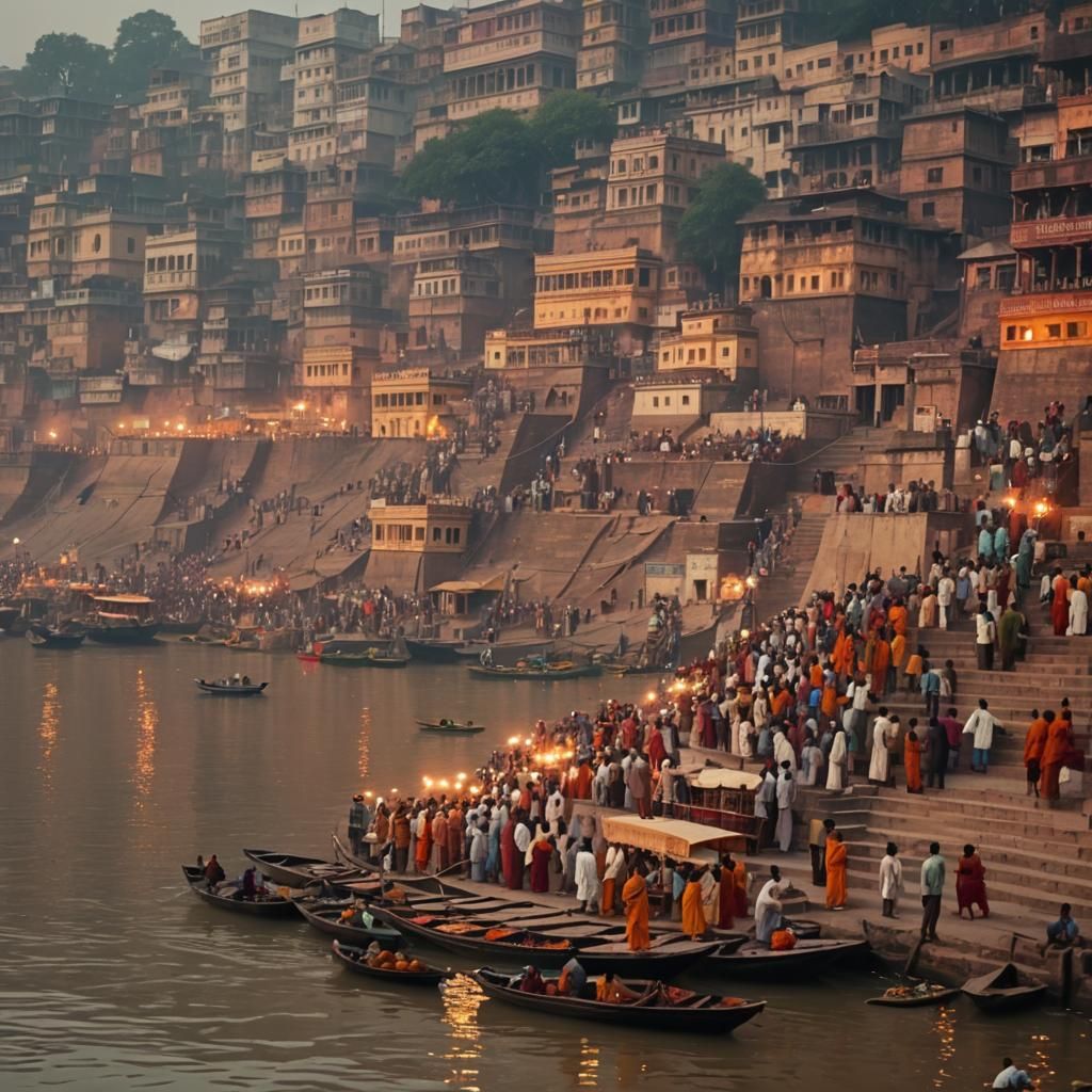 Varanasi Ghats at Dawn: Temples and Ganges River