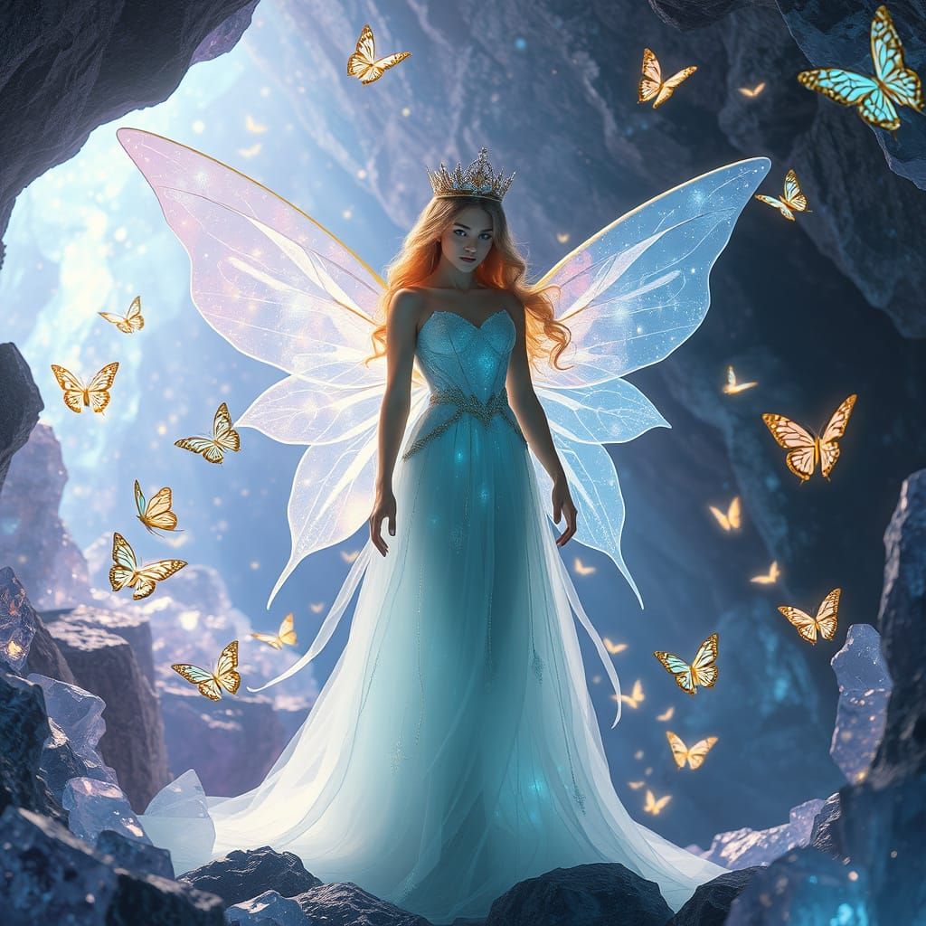 Fairy Princess in Crystal Cave with Light Wings