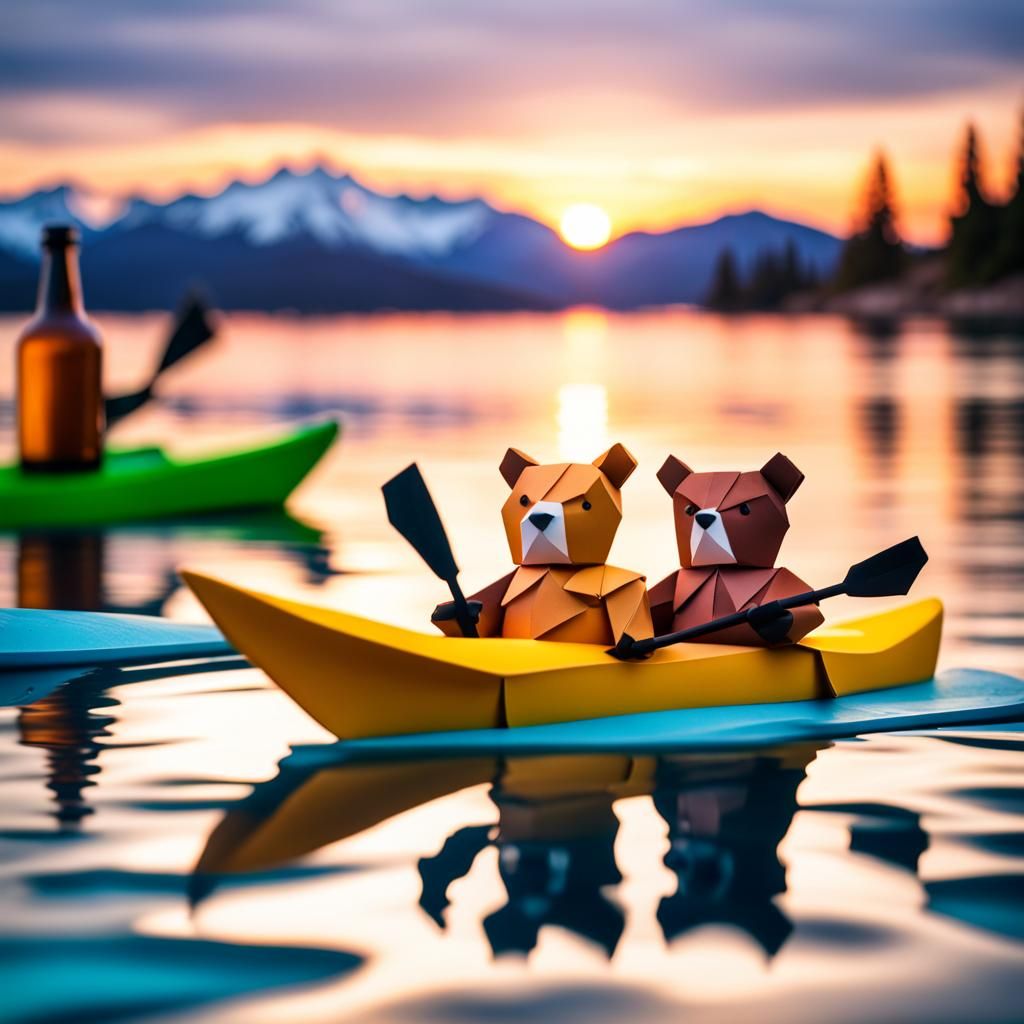 Bears Kayaking on Lake Tahoe at Sunset: Origami Style