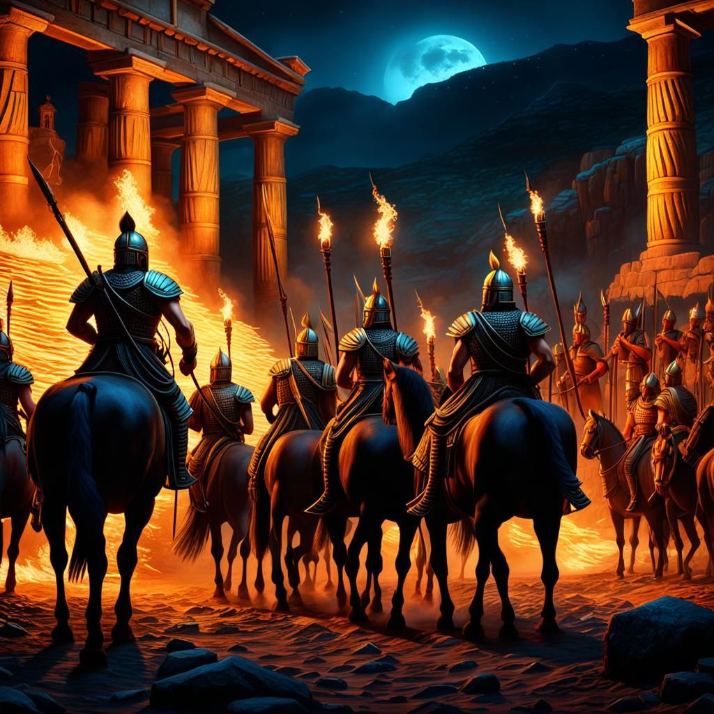 Painting of Odysseus and his men with torches at night, back ground is trojan horse in Troy