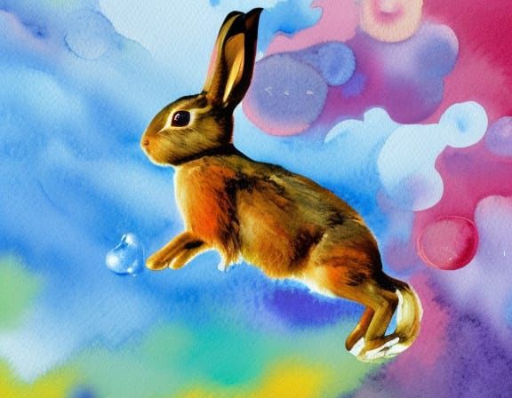 Rabbit in Flight with Bubbles: Gouache Watercolor