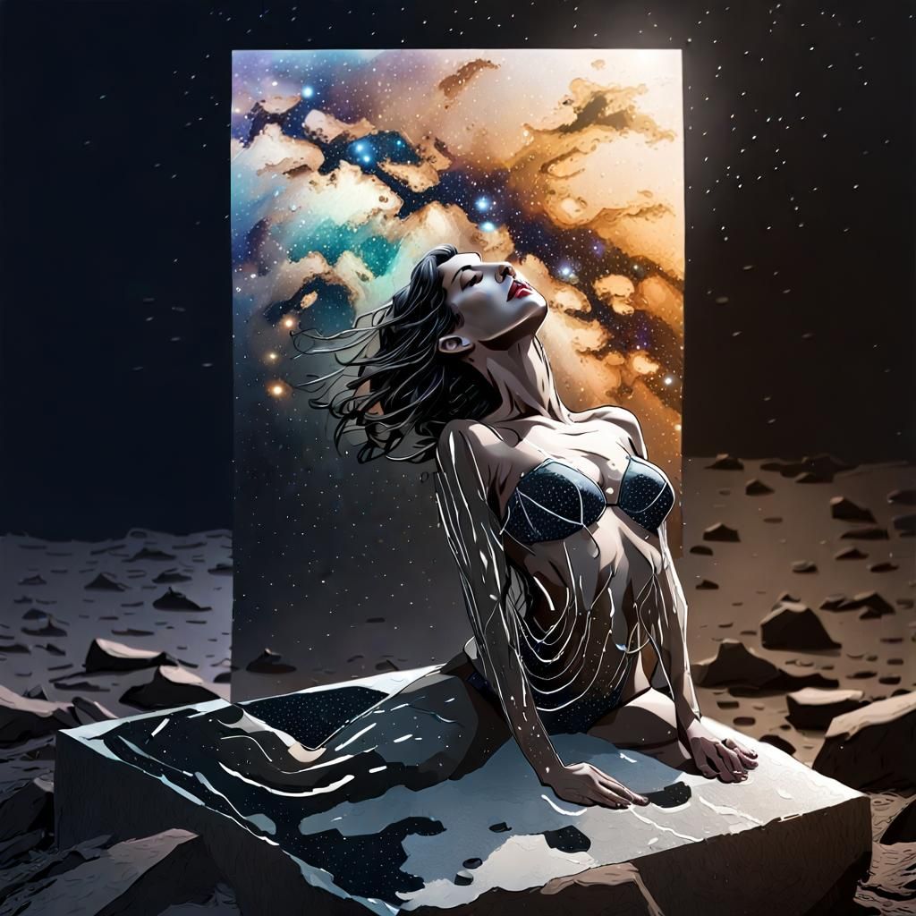 Woman's Fragmented Form in Astral Sky