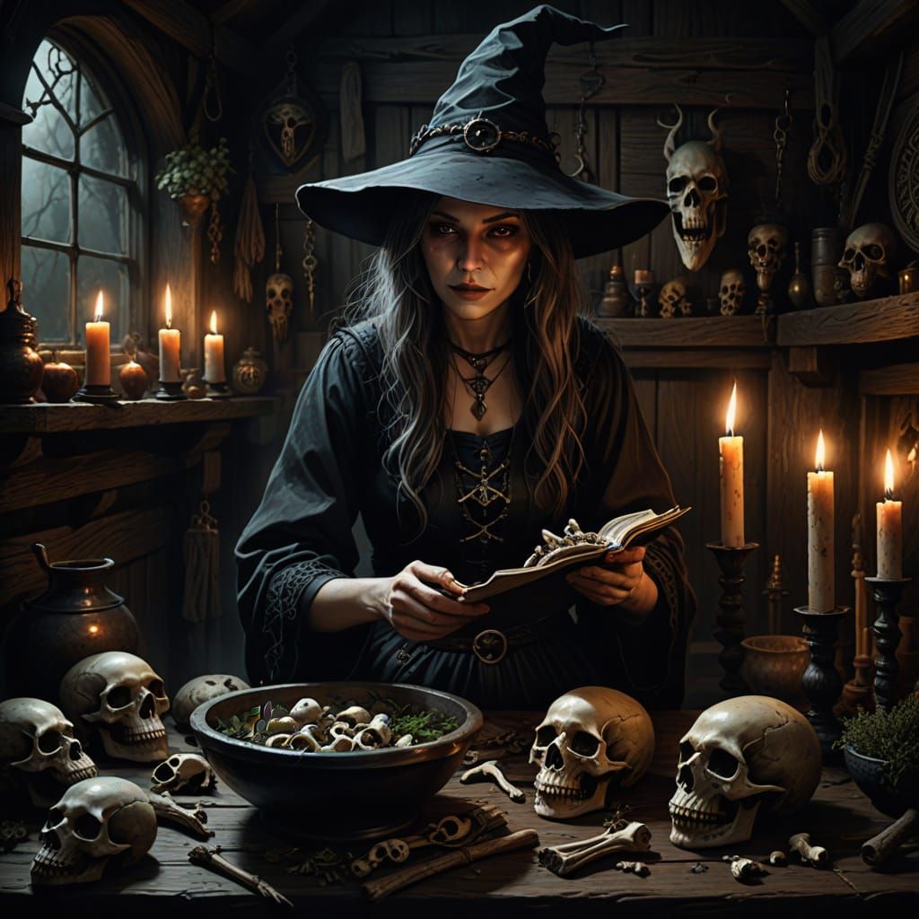 Mystical Witch Reads Bones in Dark Cottage