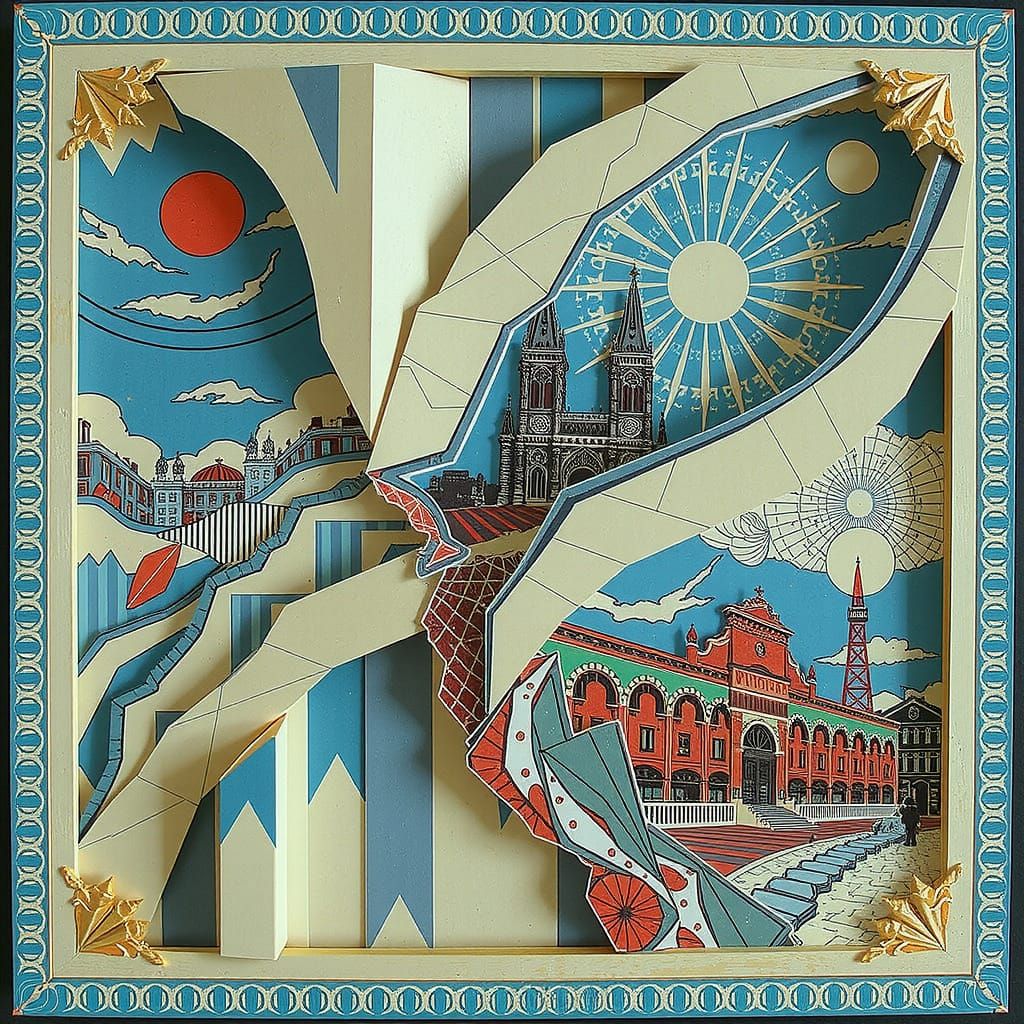 Art Deco Paper Art with Glitch and Op Art Elements