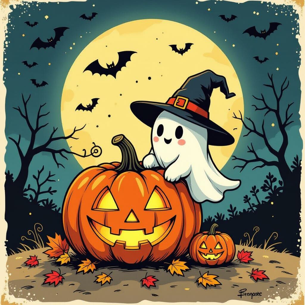 Whimsical Halloween Night with Friendly Ghost and Pumpkin