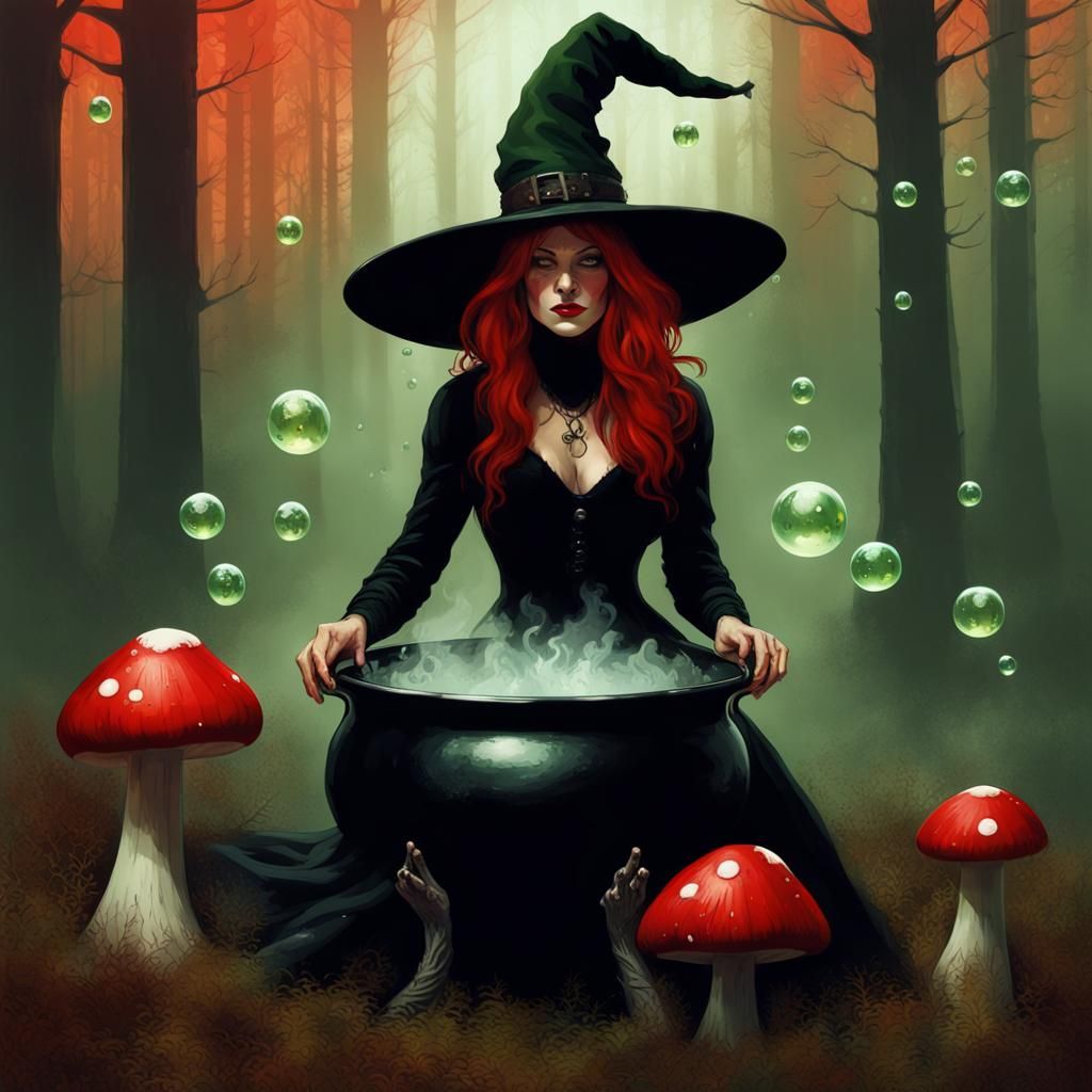 Woodland Witch Stirring Cauldron Digital Painting
