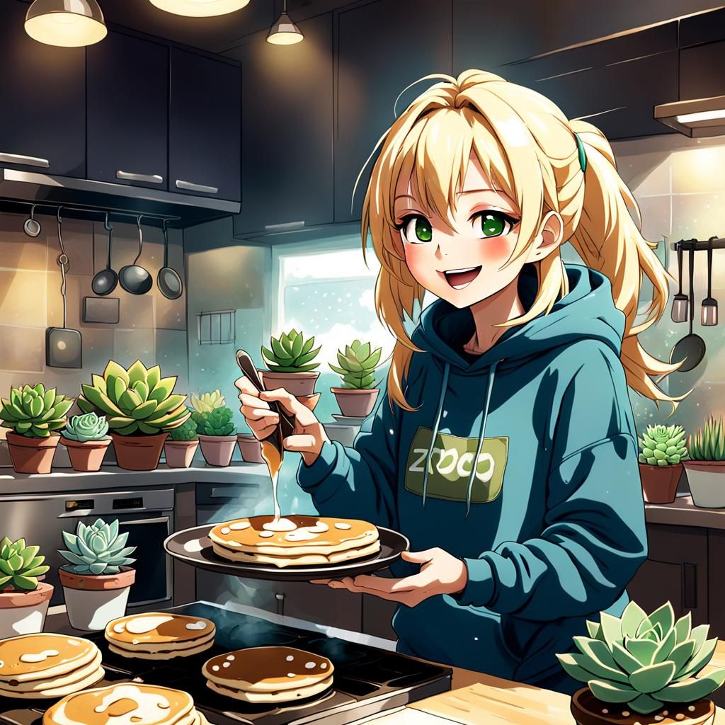 Happy Anime Girl Making Pancakes with Succulents