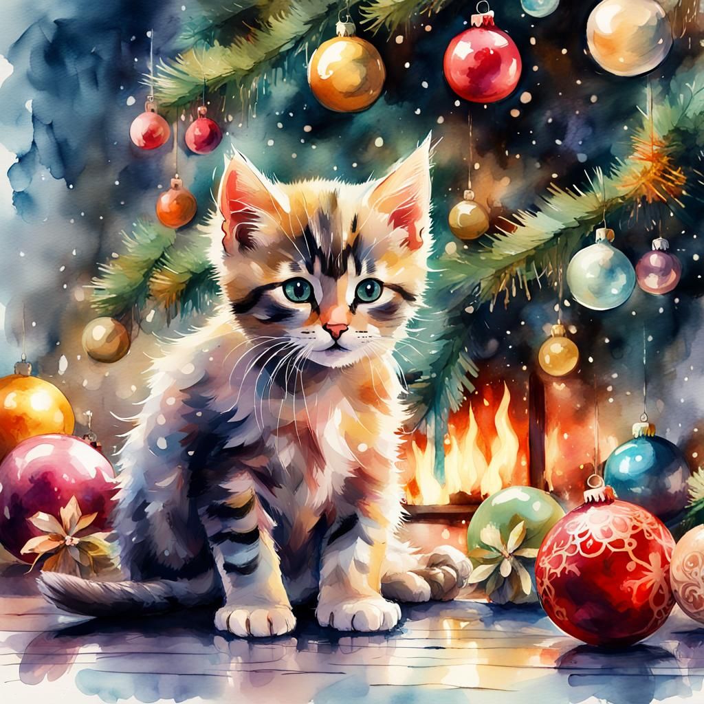 Cute Kitten Christmas Ornament Illustration