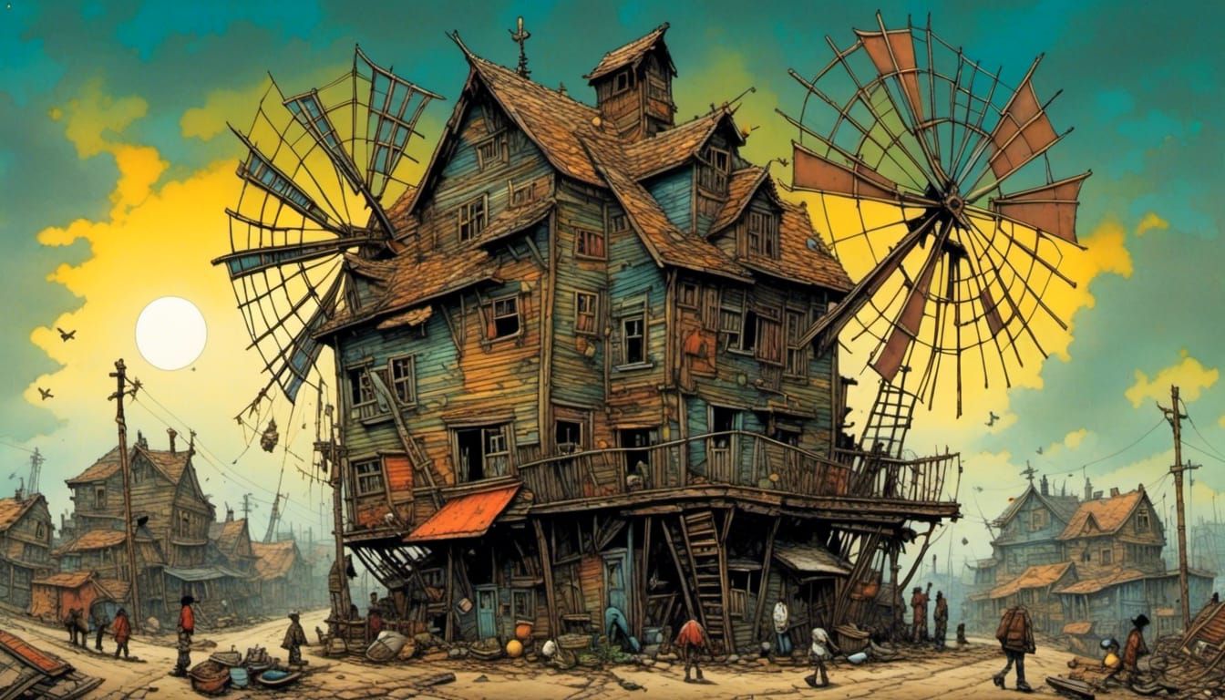 Epic Windmill Slum Masterpiece in 2000s Style