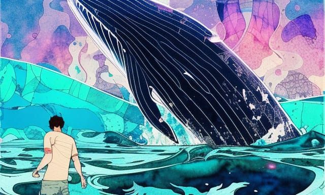 Jonah and the Whale in Vaporwave Style
