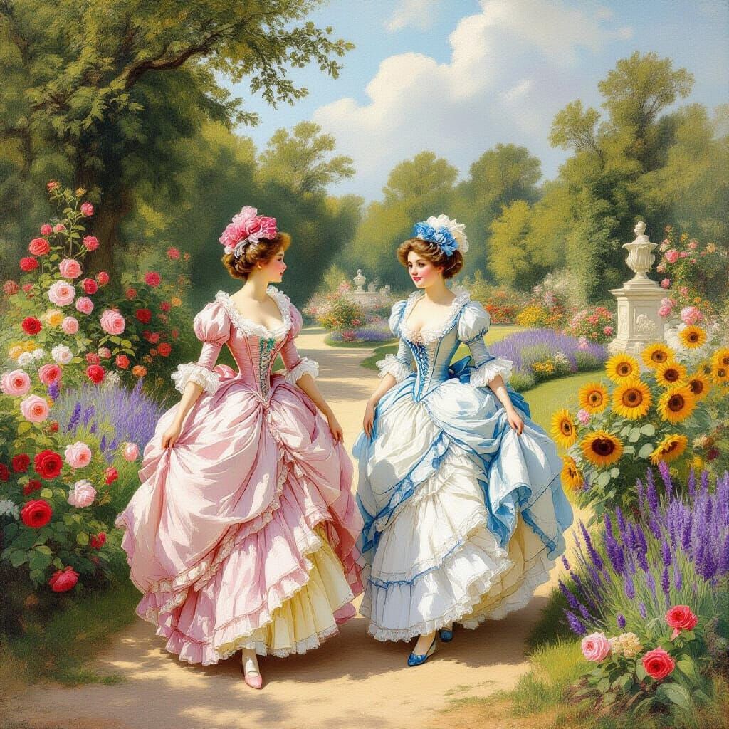 Elegant Ladies in Versailles Gardens, Rococo Style