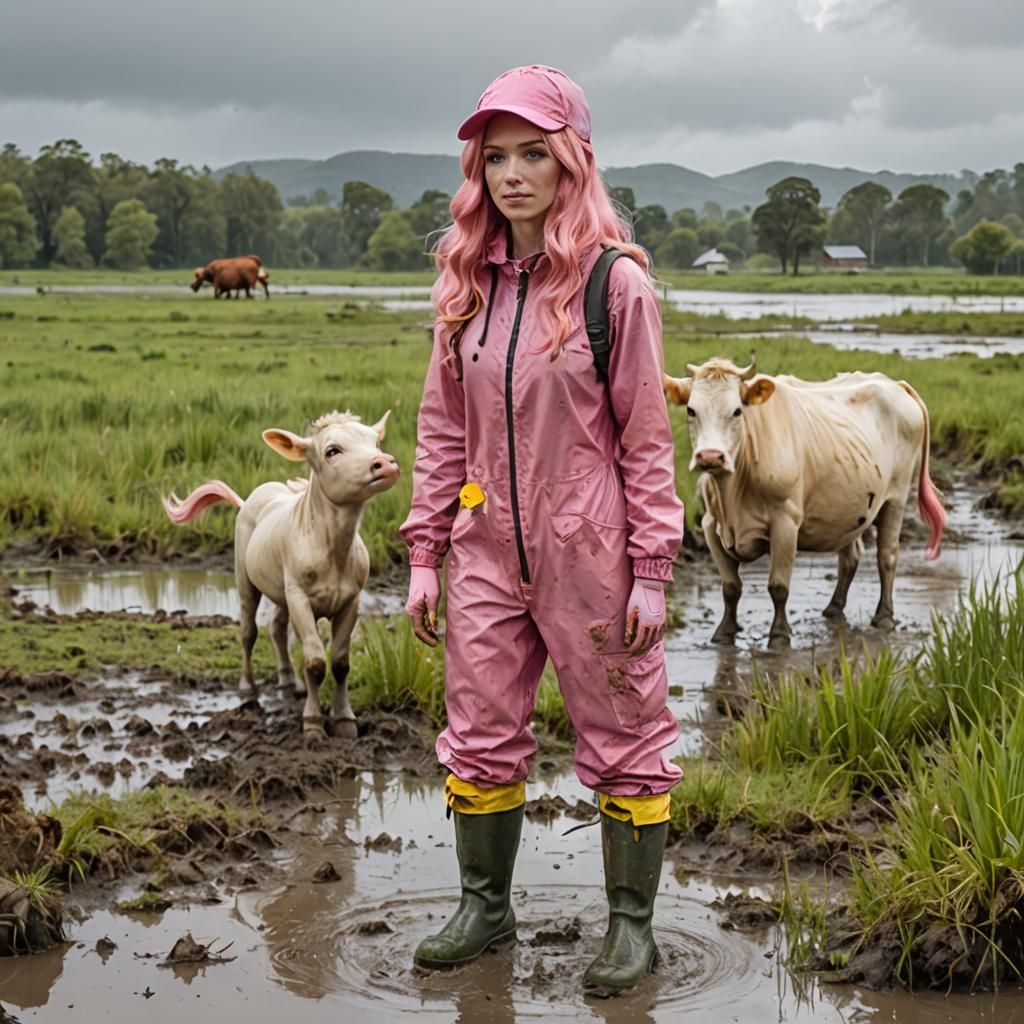 Girl Rescues Cow From Marsh in Pink Rain Suit
