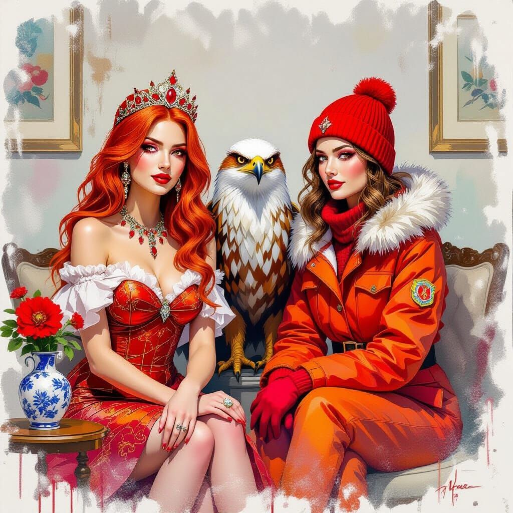 Summer and Winter with Griffin, Rich Red and Orange-Red Pale...