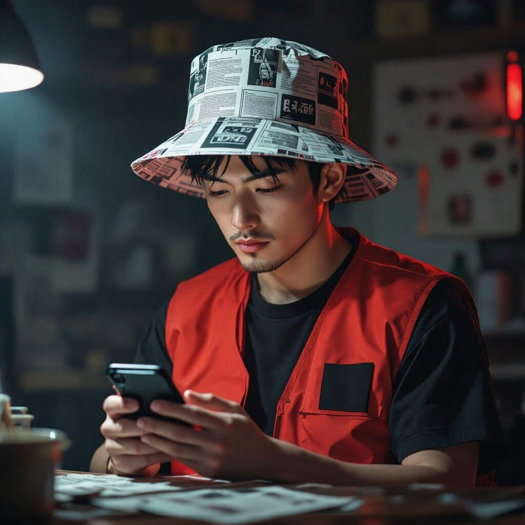 Man with Newspaper Hat Texting in Dark Room