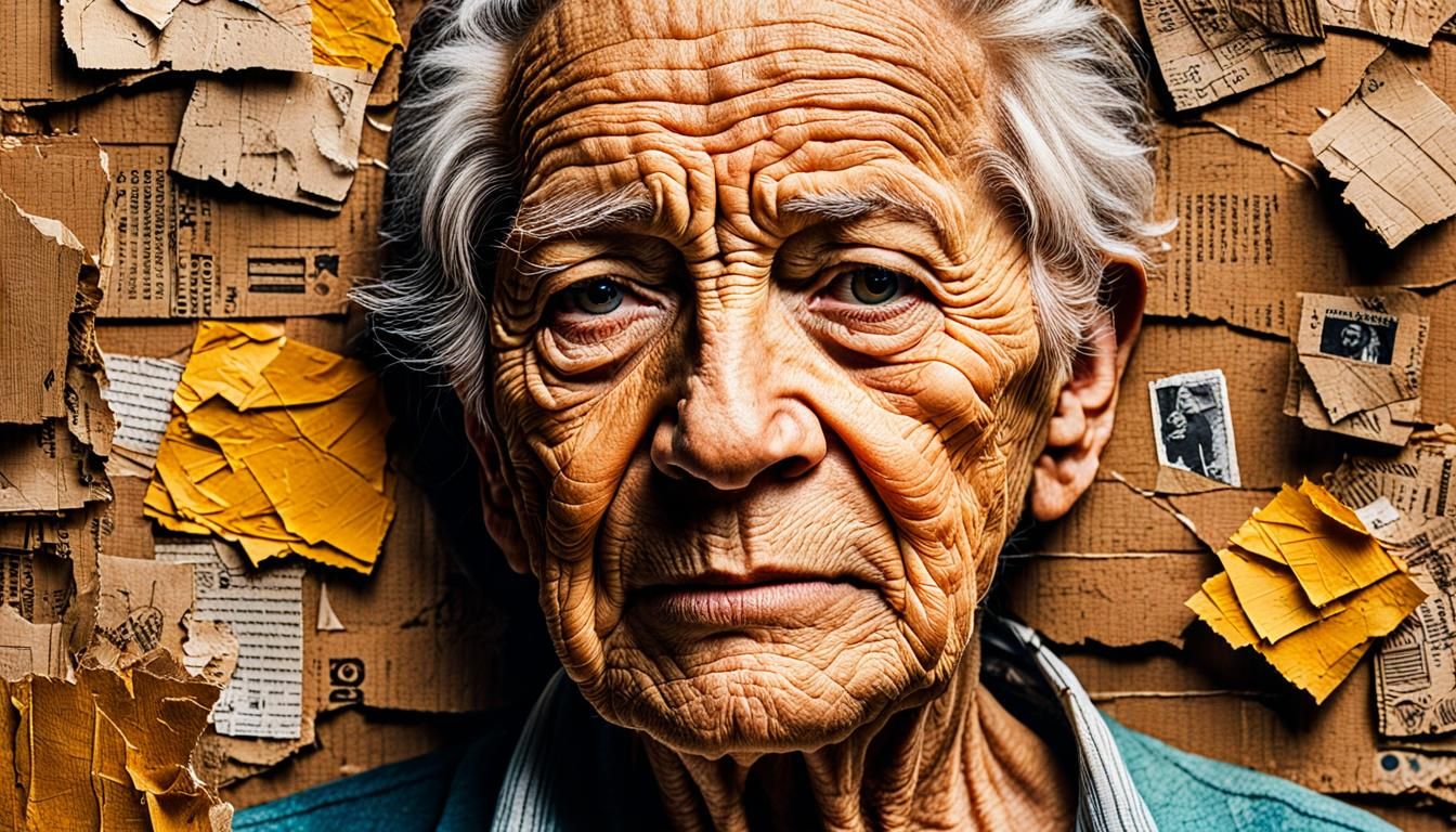 Elderly Portrait in Mixed Media Collage with Vivid Textures