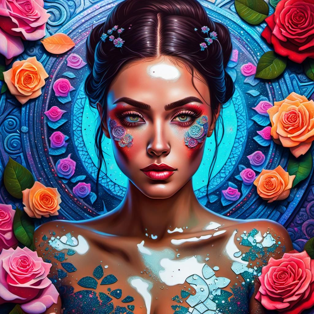 Brunette Girl with Glitter Makeup and Roses