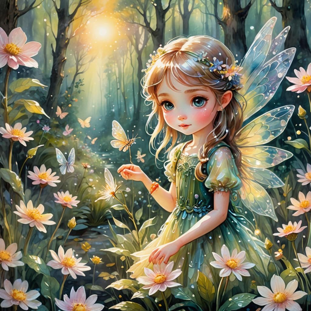 Chibi Fairy in Enchanted Forest Watercolor