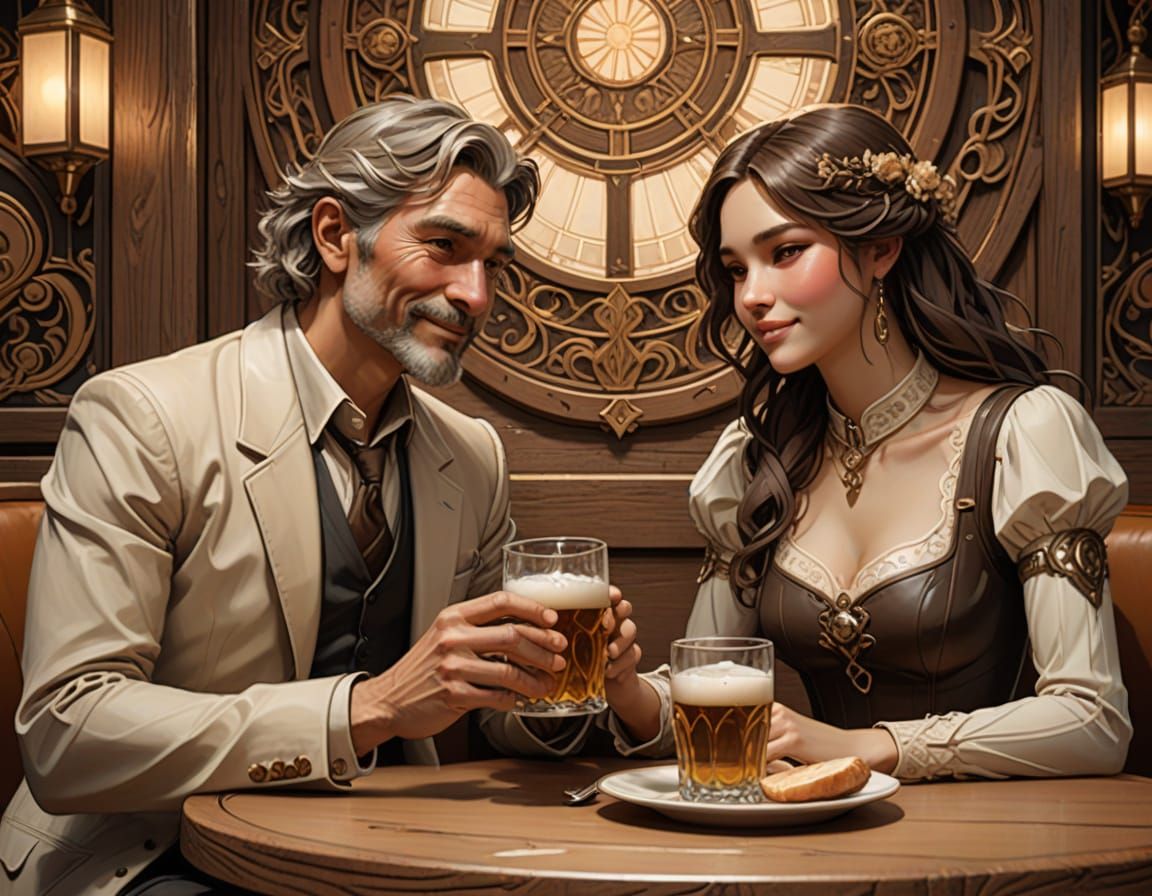 Elegant Art Nouveau Couple Enjoying Beer in a Cozy Restauran...