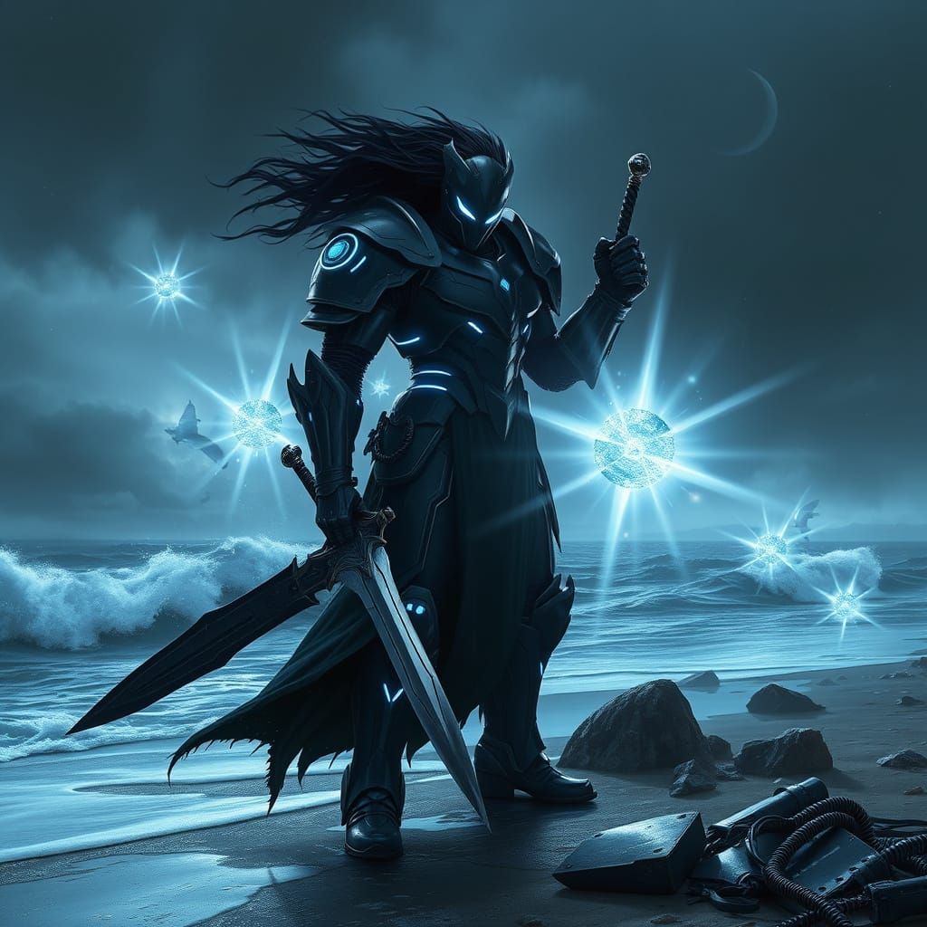 Glowing Knight Stands Firm Against Stormy Sea