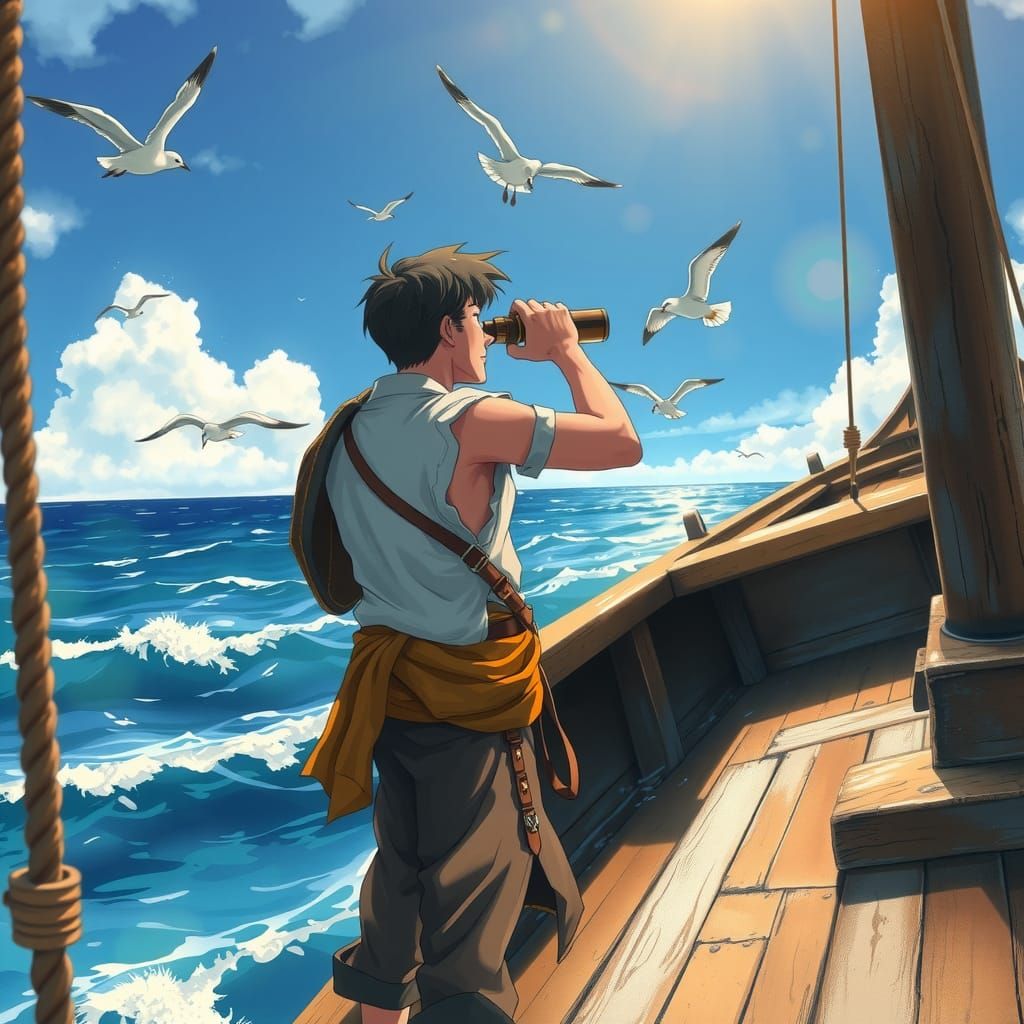 Pirate Gazing at Horizon in Anime Style
