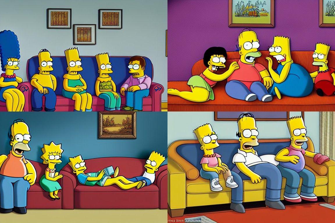The Simpsons as real live persons sitting on their couch. detailed hyperrealism photo photoillustration