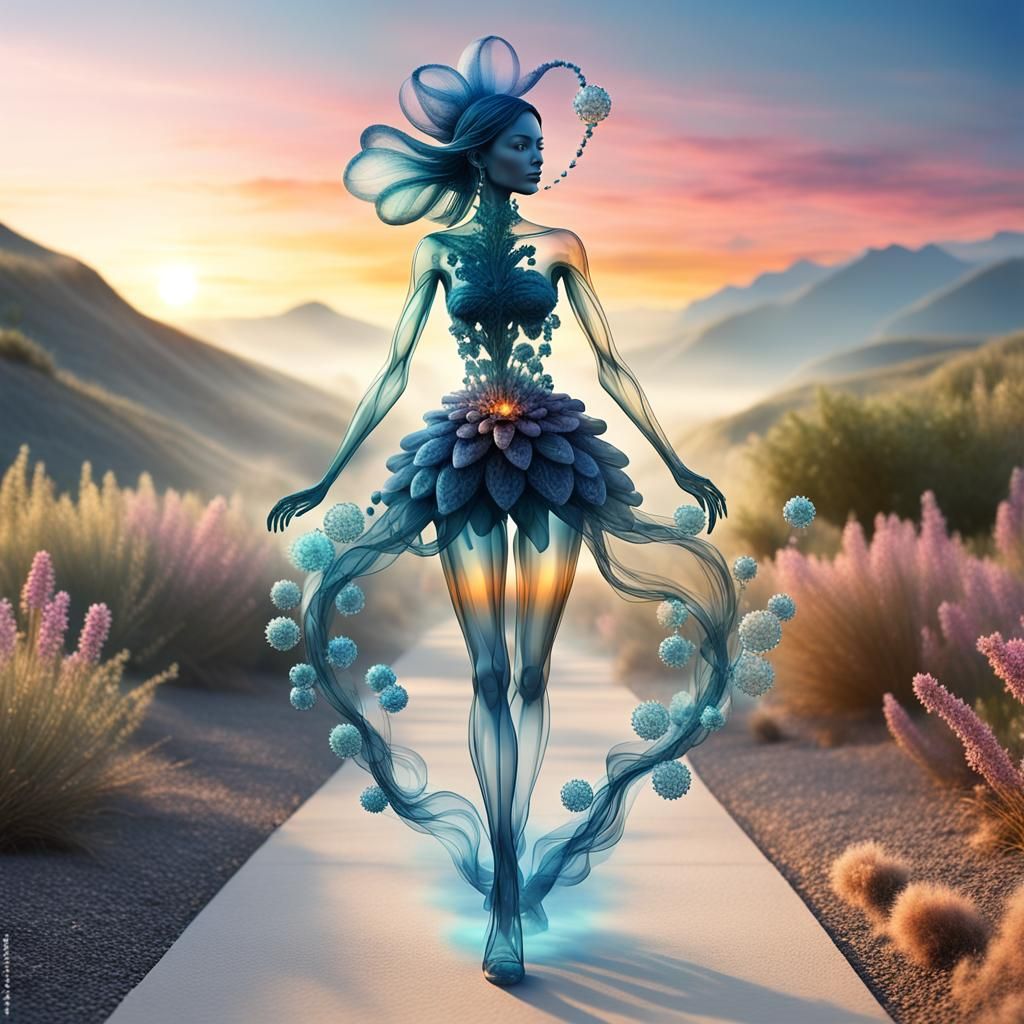 Crystal Woman in Sunrise Landscape: 3D Render
