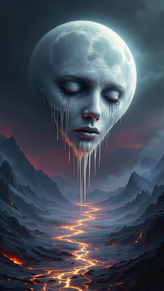 Surreal Melting Moon Over Fiery Landscape