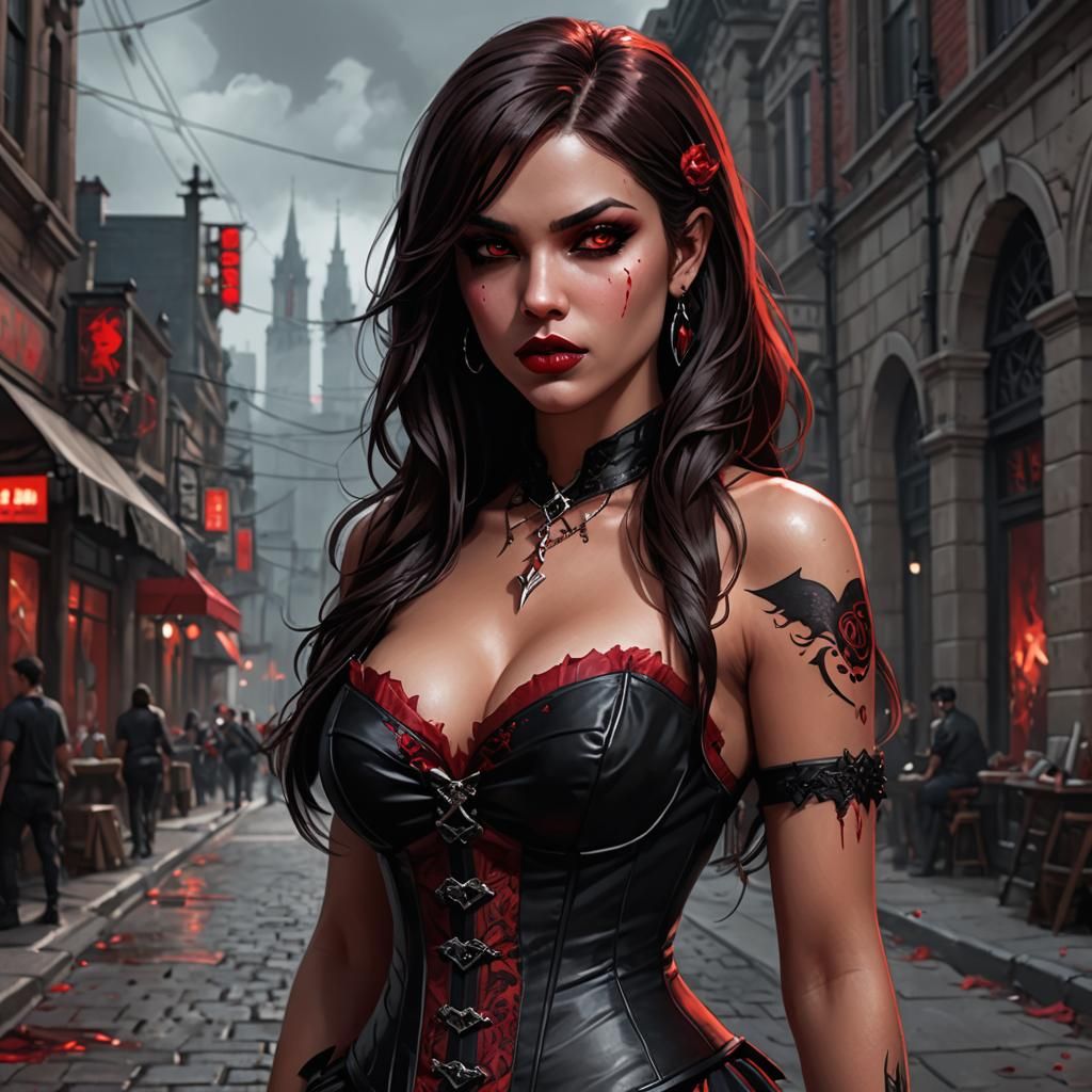 Vampire Woman in Corset: Hyperrealistic Comic Art
