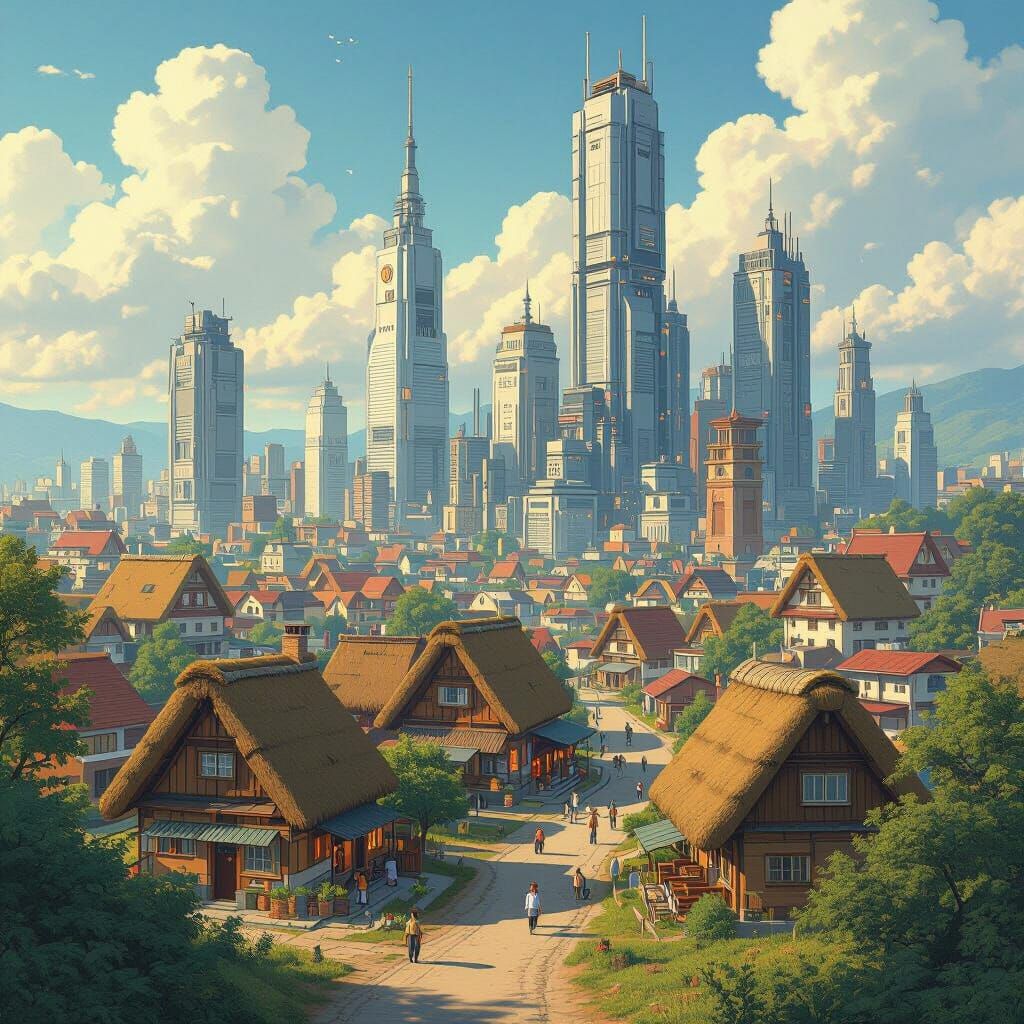 Half-City Half-Village Landscape in Futuristic Style