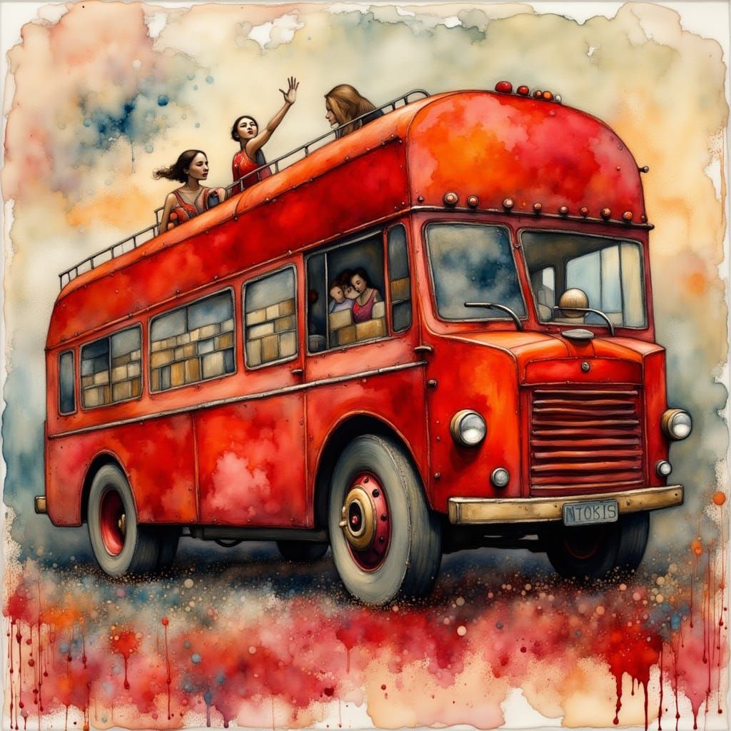 <lora:Liquid Ink Flux:1.0> red bus <lora:Liquid Ink Flux:1.0...