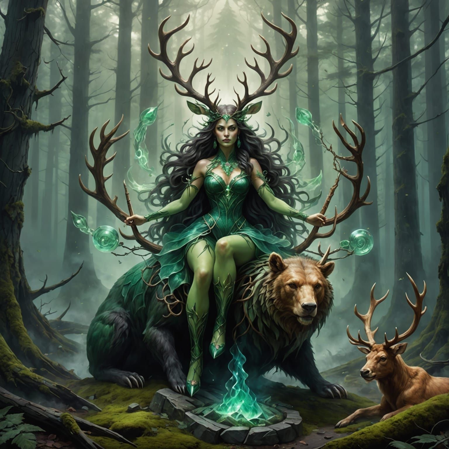 Crystal Goddess in Chaotic Forest Scene