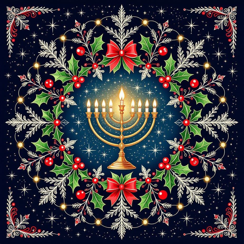 Festive Christmas Mandala with Menorah and Starry Sky