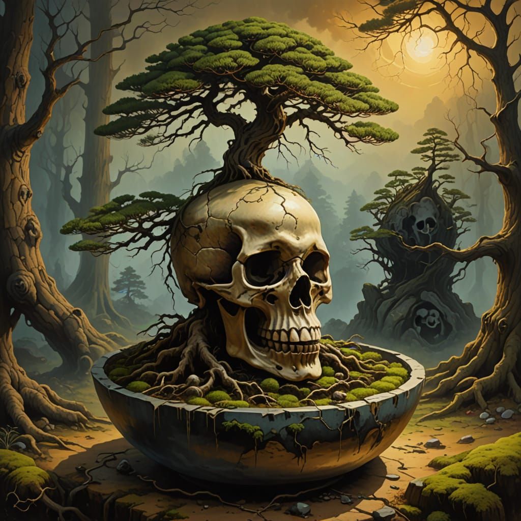 Gothic Surreal Bonsai Pine Growing From Skull