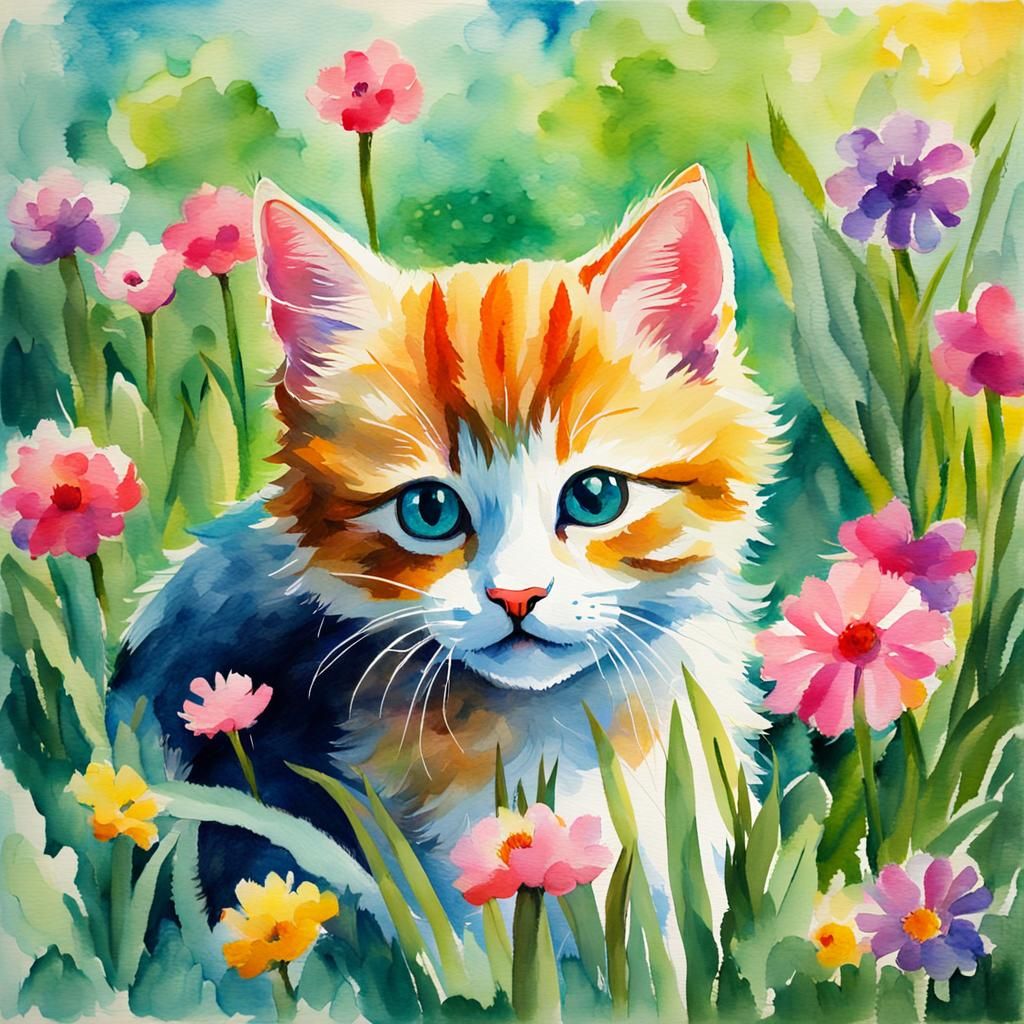 Cute Kitten in Garden Watercolour Gouache Painting