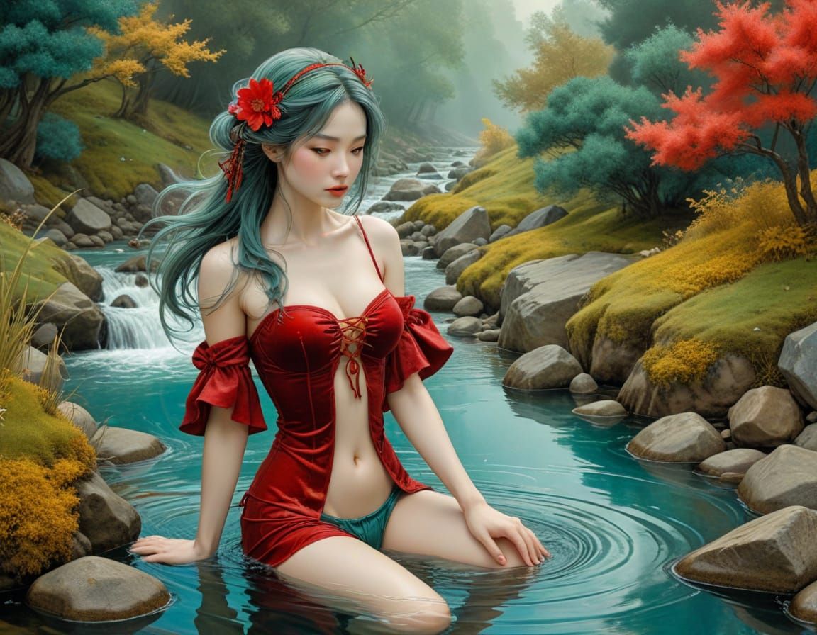 Bathing Beauty in Sumi-e Style Stream