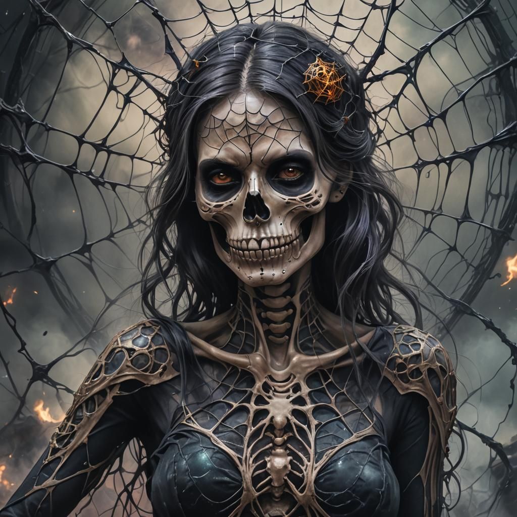 Angry Female Skeleton Portrait with Spider Web Tattoos