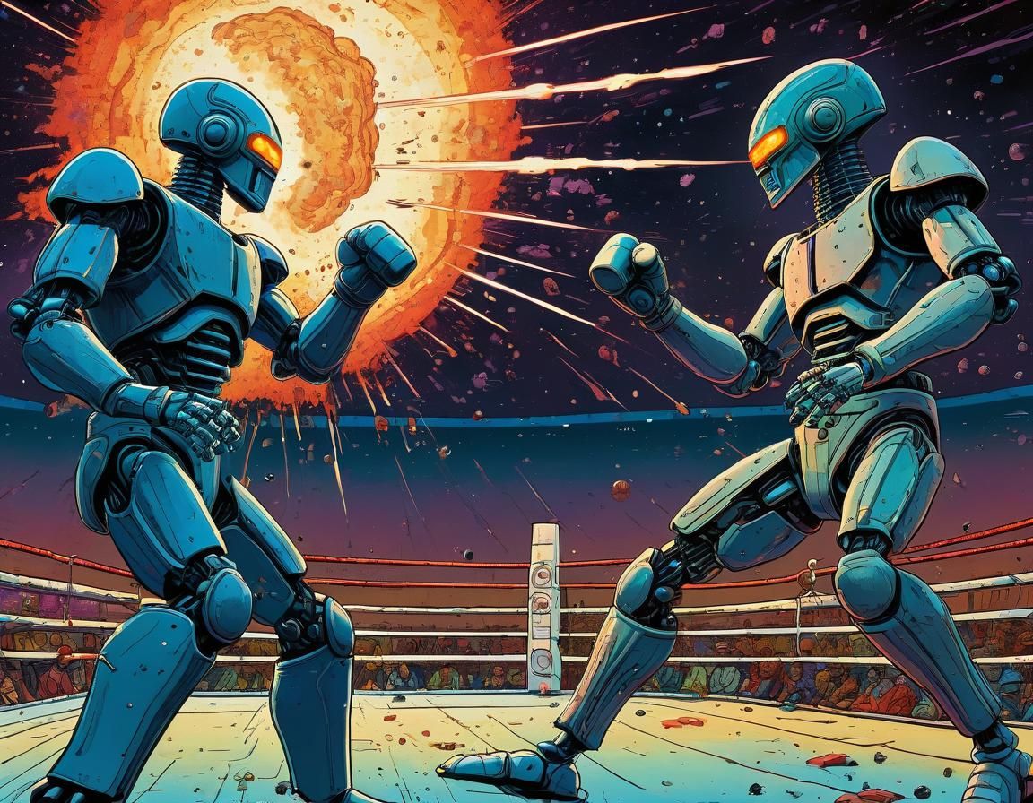 Robots Boxing in Alien Ring, Moebius Style