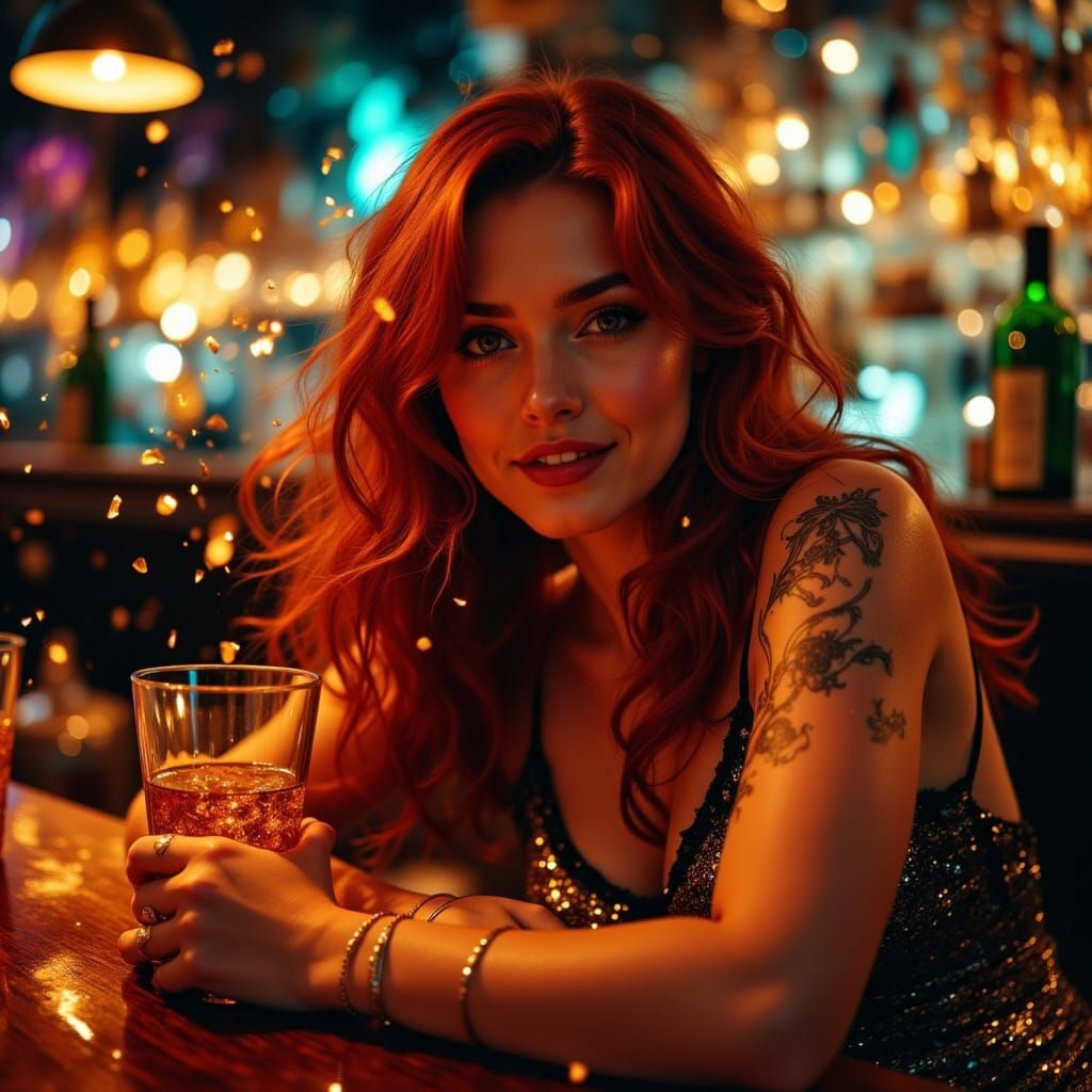 Young Woman in Shimmering Cyberpunk Bar