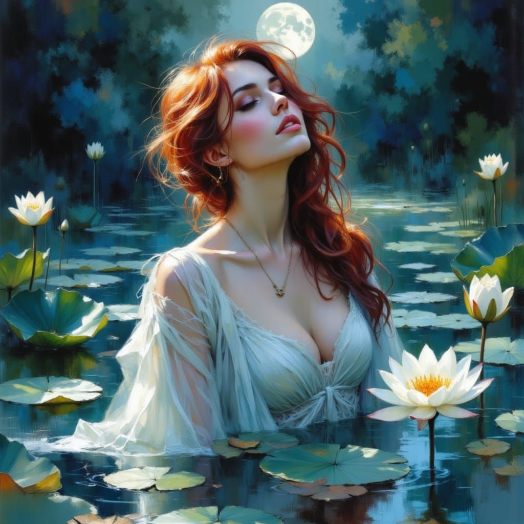 Red-Haired Woman in Water Lily Pond, Wet Watercolor